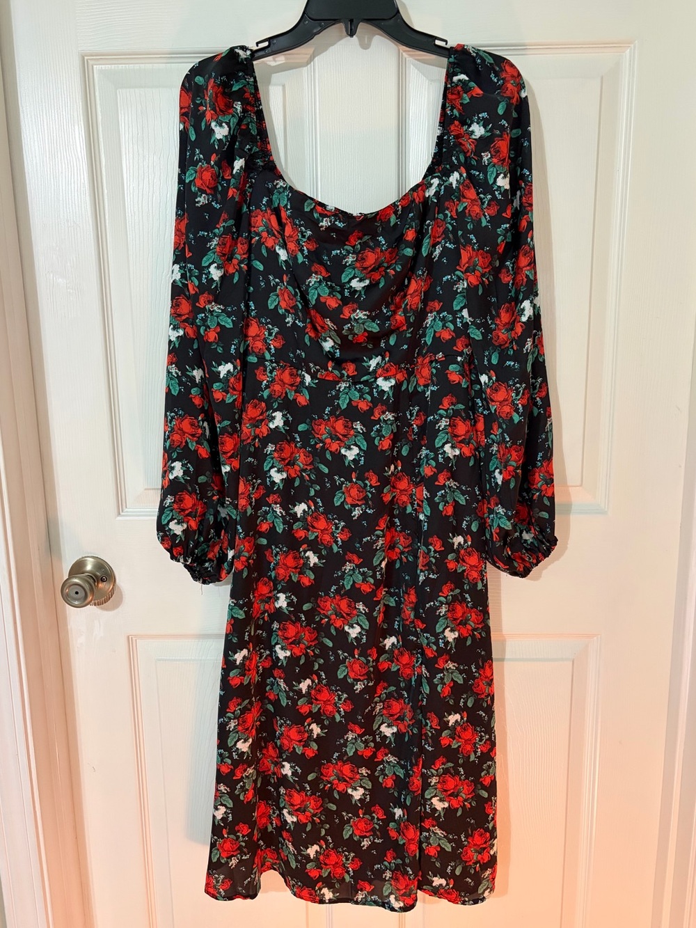Francesca's Collections Black Midi Dress with Red Rose Print